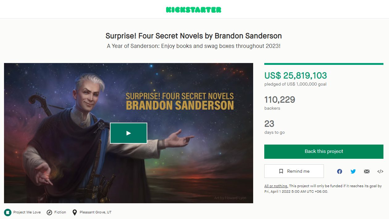 Brandon Sanderson Kickstarter page screenshot
