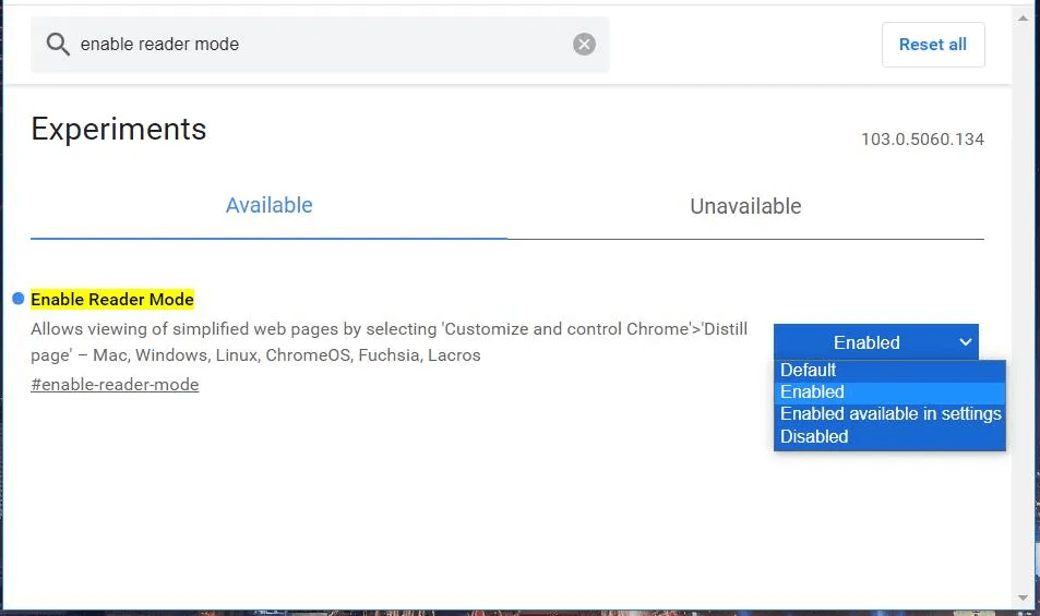 Enable Google Chrome Reader Mode