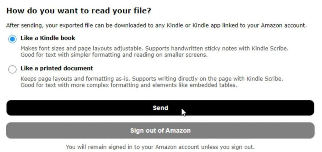 Word Export to Kindle Feature format options